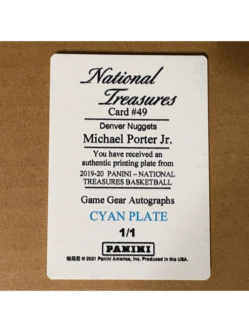 2019-20 National Treasures - Michael Porter Jr. #49 - Cyan Printing Plate